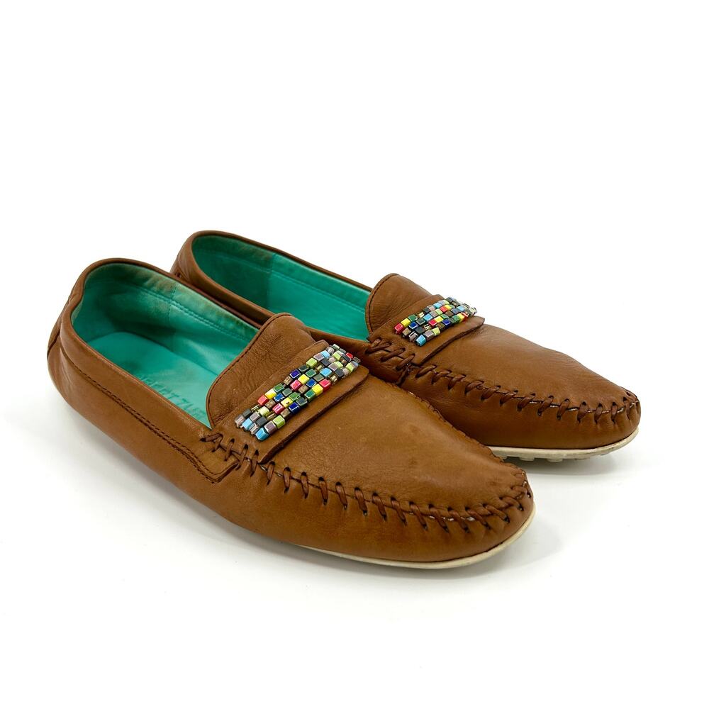 Vintage 90s Robert Zur Brown Leather Beaded Moccasin Driving Shoes